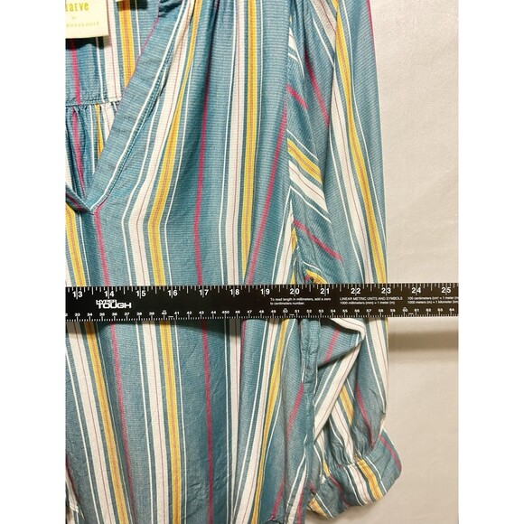 Maeve by Anthropologie Womens M Turquoise Striped Balloon Sleeve Top - Picture 3 of 10